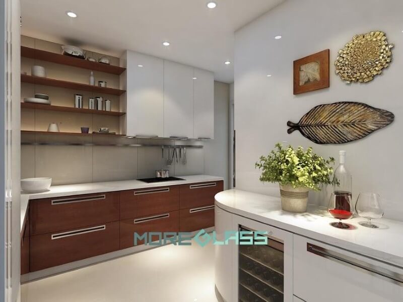 Thiết kế nội thất phòng bếp chữ L hiện đại, mới mẻ với gam màu trắng và ghi làm chủ đạo tăng thêm vẻ đẹp sang trọng cho căn nhà. Thiết kế phòng bếp, tủ bếp đẹp